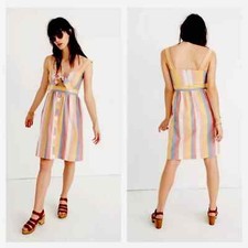 MADEWELL DRESS SZ 0 STRIPED FRONT TIE CUTOUT MIDI BLUE PINK YELLOW SHERB…