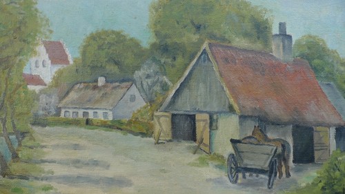 MONOGRAMA DESCONOCIDO / CARRETERA DEL PUEBLO CON CARRO DE CABALLOS / PINTURA AL ÓLEO FECHADA 1940 - Imagen 4 de 9