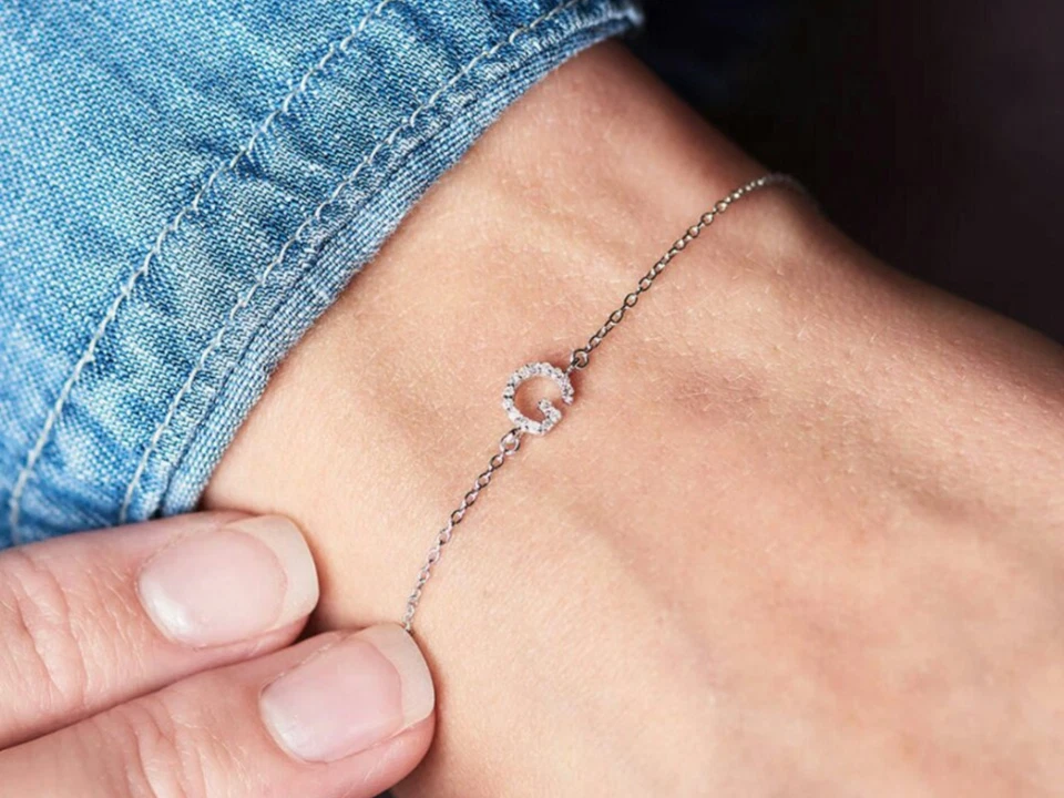 Diamond Letter Bracelet Tiny diamond Initial bracelet 14K Solid Gold bracelet - Image 3 of 4