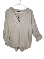 Cable & Gauge Pinkish-Beige Roll-Tab Sleeve V-Neck Boho High-Low Hem Knit Top 2X