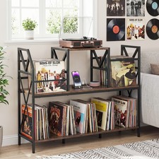 Record Player Stand w/Power Outlets, Turntable Stand w/Vinyl Storage, Dividers