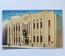 Vintage Postcard The First National Bank Ripon Wisconsin Art Deco Architecture