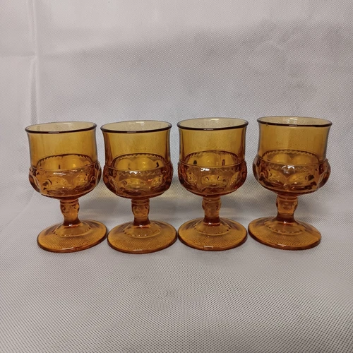 Indiana Colony Glass Color Crown Wine Glasses 4 Amber Gold Thumbprint Stem 77