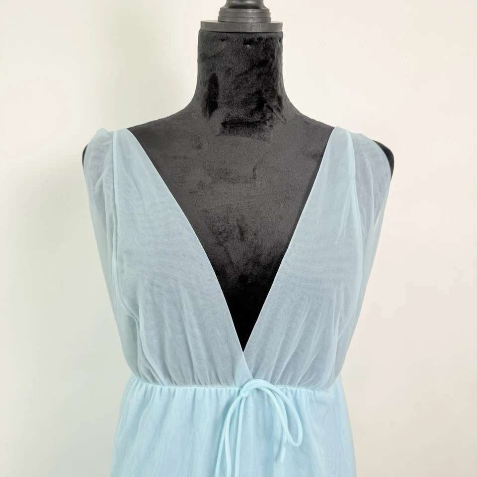 Vintage Sears Long Nightgown Size 32/34 (S/M?) Blue Sheer Bust Plunge V Neck - Image 2 of 4