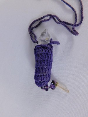 Handmade Purple Crocheted Pendant Necklace Clear Quartz Beaded Tie Closure