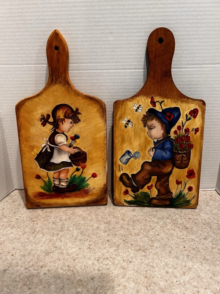 Vintage Folk Art Hand Painted Children Wood Cutting Board Set 1978 Signed Unused - Image 4 of 4