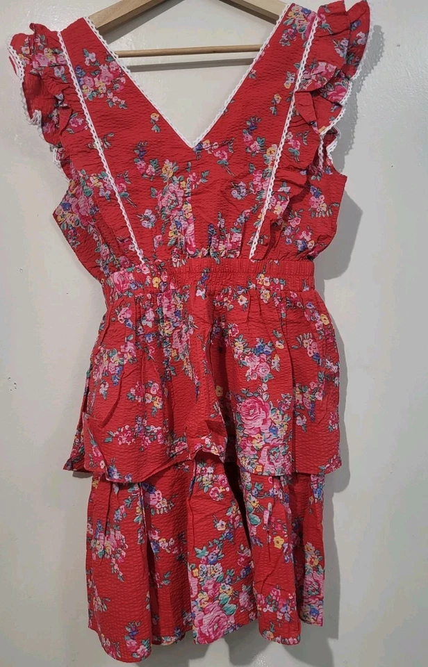 Betsey Johnson Bush Gardens Red Seersucker Ruffle Floral Red Dress Size Small  - Image 4 of 4
