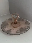 Pink Depression Glass Etched with Silver Overlay Handled Tidbit Serving Tray