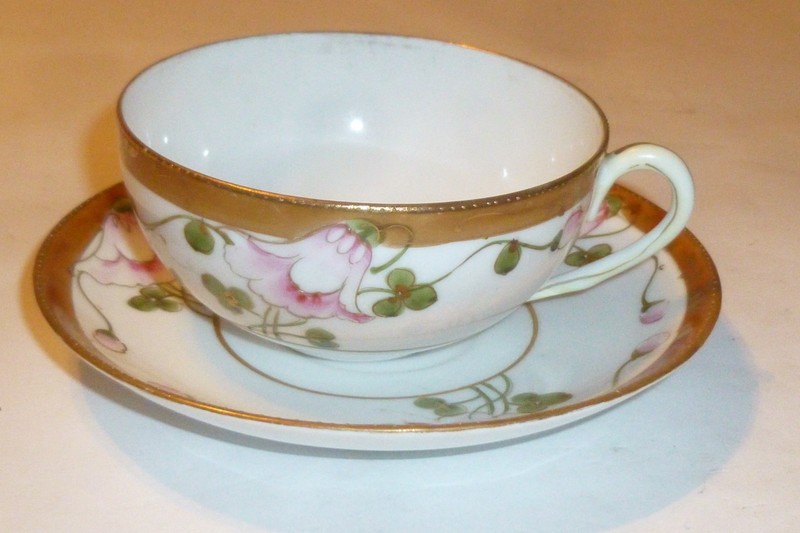 Antique Nippon Pink Floral Cup & Saucer Set Gold Gilt Hand Painted Bone China