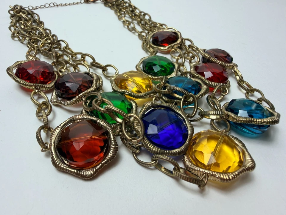 Collar Vintage Tono Dorado 4 Hilos Multicolor Grande Cristal Bisel 20" Foto 2 de 4