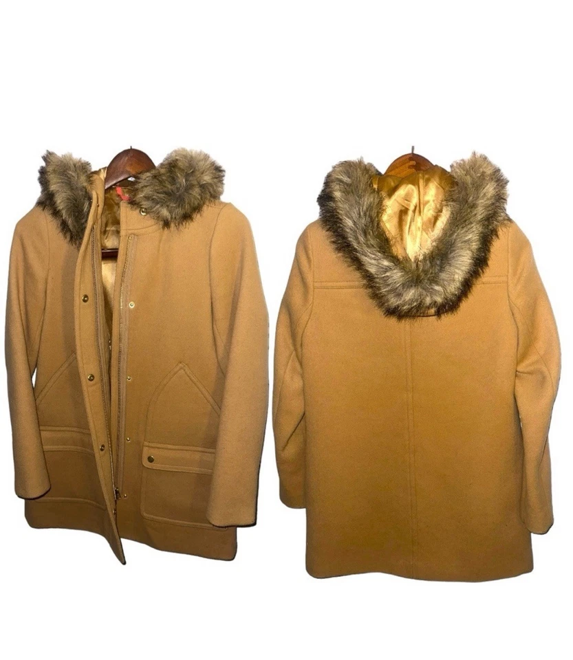 J. Parka Crew Vail Talla 0 Mezcla de Lana Camel Tostado Imitación Piel Capucha Abrigo Chaqueta Foto 2 de 4