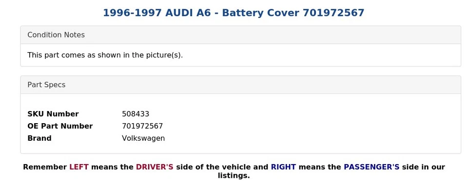 AUDI A6 1996-1997 - Cubierta de batería 701972567 Foto 3 de 4