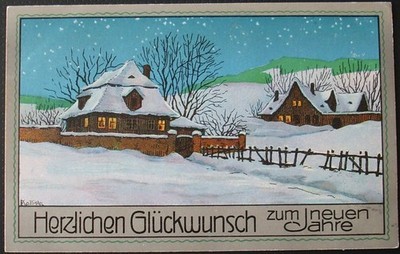 Grußkarte 1914/15: Neujahr - verschneites Dorf - Schnee - Dessin