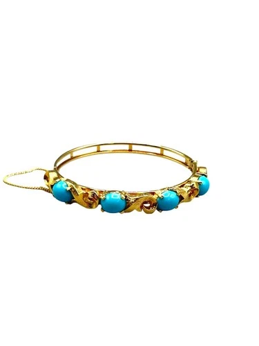Vintage Faux Turquoise Hinged Bangle Bracelet Gold Tone Costume Jewelry