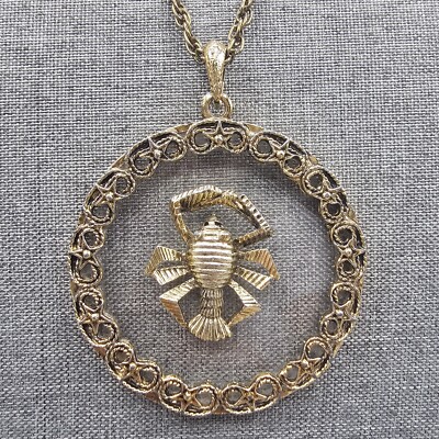 Vtg Cancer Zodiac Necklace Statement Lucite Pendant Gold Tone 3D Star Edge 24''