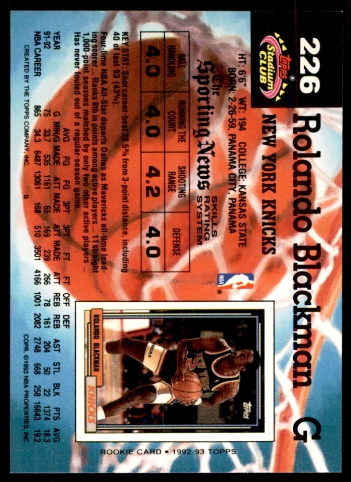 1992-93 Stadium Club Rolando Blackman New York Knicks #226 - Image 2 of 2