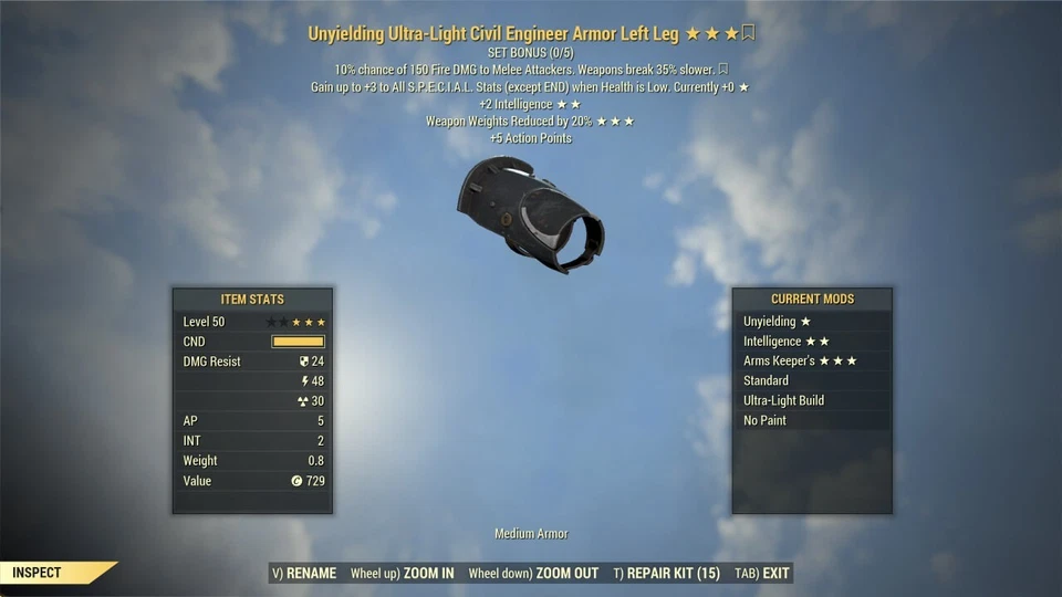 FALLOUT 76 [PC] CIVIL ENGINEER ARMOR SET UNYIELDING +10 INT WEAPON WEIGHT REDUCI - Image 4 of 4