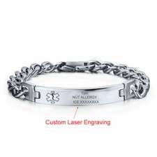 Mens Women Medical Alert ID Bracelet Stainless Steel Link Chain Laser Engraving
