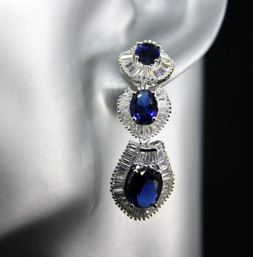 Lab-Created Blue Sapphire & Diamond Long Earrings 18k White Gold Filled Gorgeous - Picture 8 of 12