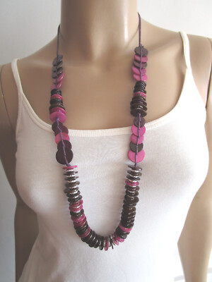 Hals Kette Modekette lang Silber Lila Pink Perlmutt Scheiben Statement Blogger