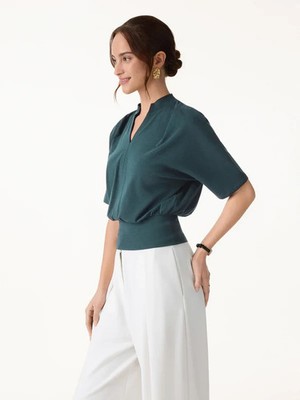 Women's Stand Collar V Neck Short Sleeve Knit Blouse Casual Top, Deep Water