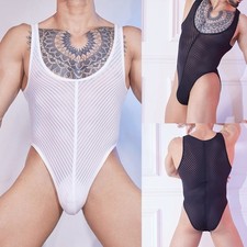 Mens See Through Striped Bodysuit Thong Elastic Pajamas Nightclub Outfit