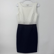 CALVIN KLEIN Sheath Dress White Navy Blue Size  4 Sleeveless Rhinestone Detail