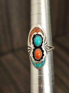 SC Native American Sterling Silver Turquoise & Coral Stone/Chip Shadowbox 5.25