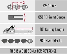 20-Inch Chainsaw Chain 0.325" Pitch 0.058" Gauge 76 Drive Links For Caton Ori...