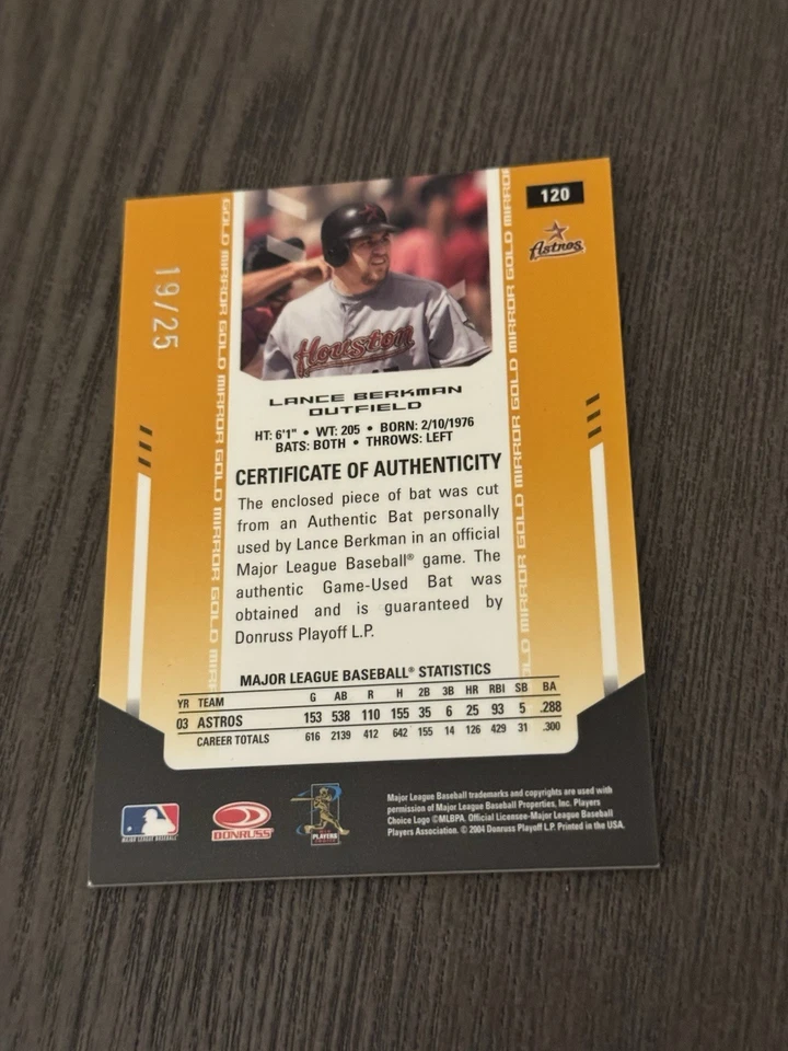 Espejo reliquia de murciélago dorado materiales certificados hoja 2004/25 #120 Lance Berkman Foto 2 de 4