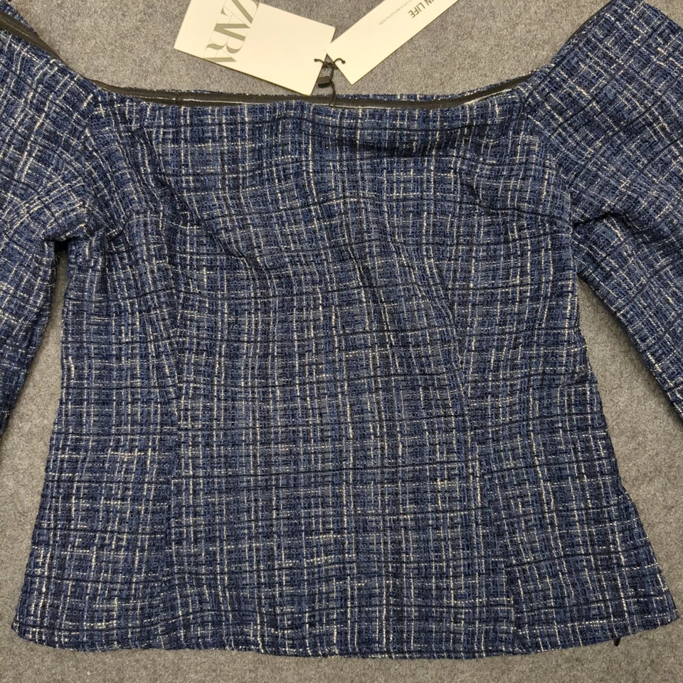 ZARA Blue Tweed Off Shoulder Square Neck Bell Sleeve Corset Top Size L - Image 4 of 4