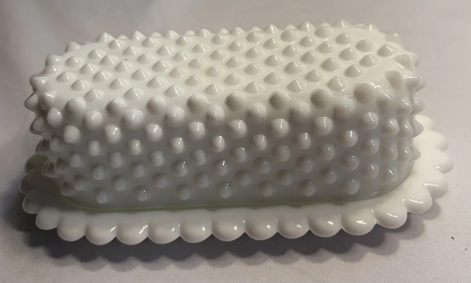 Vintage Fenton Hobnail Milk Glass Covered Butter Dish With Scalloped Edge