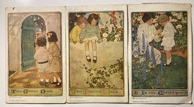 3 POSTKARTEN JESSIE WILCOX SMITH - IM GARTEN GARTENTÜR GRÜNE WAND
