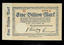 1923 Germany REICHSBAHN CASSEL 1 Trillion / 1.000.000.000.000 Mark Banknote UNC