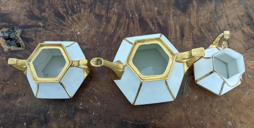 Limoges Teekanne Milchkännchen und Zuckerdose Set Art Deco Gold Weiß - Bild 6 von 22