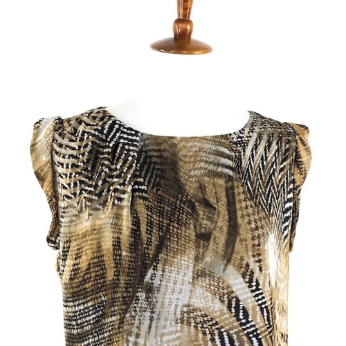 Women's Vince Camuto Tan Black Print Sleeveless Blouse sz S - Picture 2 of 6
