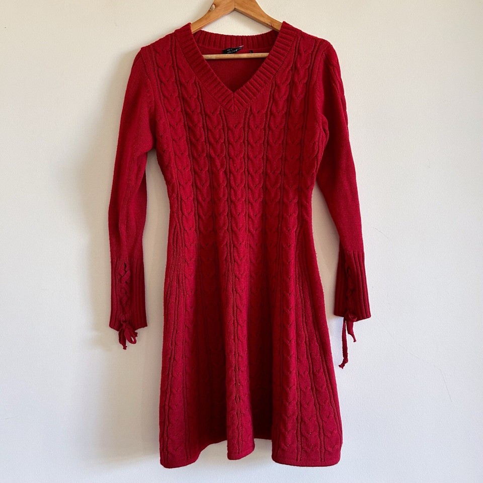 y2k 90s Style Red Knit Dress Sweater Dress Cableknit Lace Up Sleeve Mini 