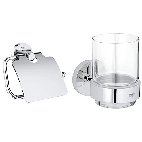 Grohe Porta Rotolo Essentials Cromo 40367001, Cromo & Bicchiere Con Supporto Ess