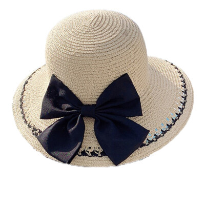 Women Bowler Straw Hat Wide Brim Sun Beach Bowknot Travel Outdoor Visor Cap 