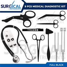 9 Pcs Medical Diagnostic Kit in Black Ideal for EMT, Nursing, Surgical, EMS