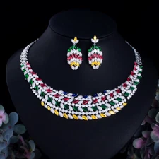 Silver Plated Cubic Zirconia Multicolor Heavy Leaf Necklace Earrings Jewelry Set