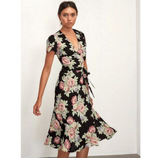Reformation Linda Brookvale Black Viscose Floral Print Midi Wrap Dress - Size S