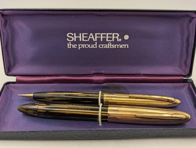 Sheaffer Triumph Brown Stripe Fountain Pen & Pencil in Box 14k Gold Nib Working
