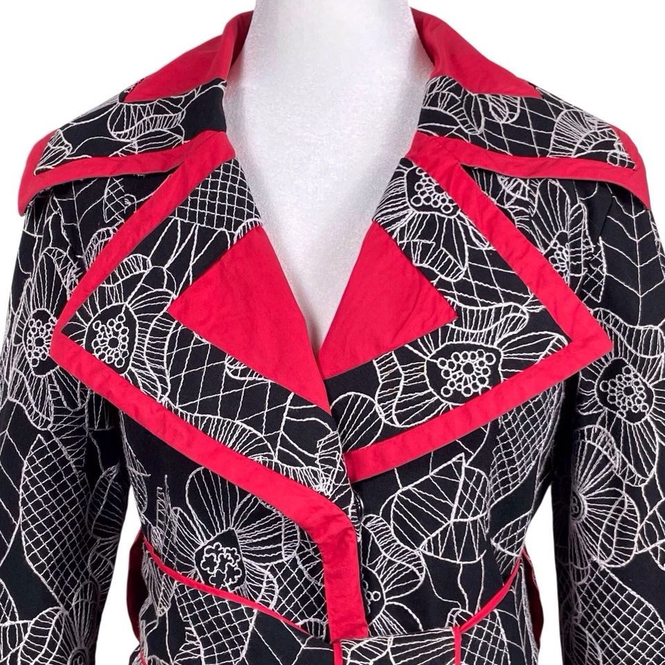 Chaqueta De Colección AN REN Talla Mediana Floral Negro Rojo Lino Abrigo Largo Usable Arte Foto 4 de 4
