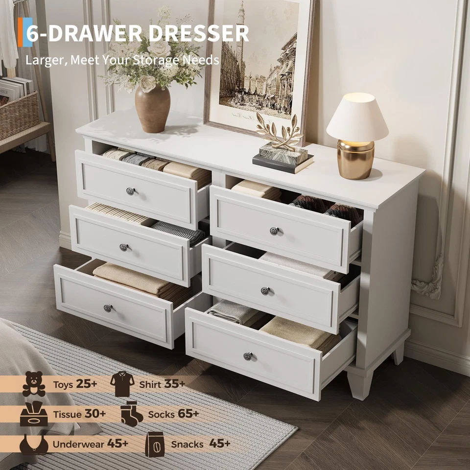 Farmhouse White Dresser for Bedroom with 6 Drawer, Double Dresser TV Stand wi... - Image 4 of 4