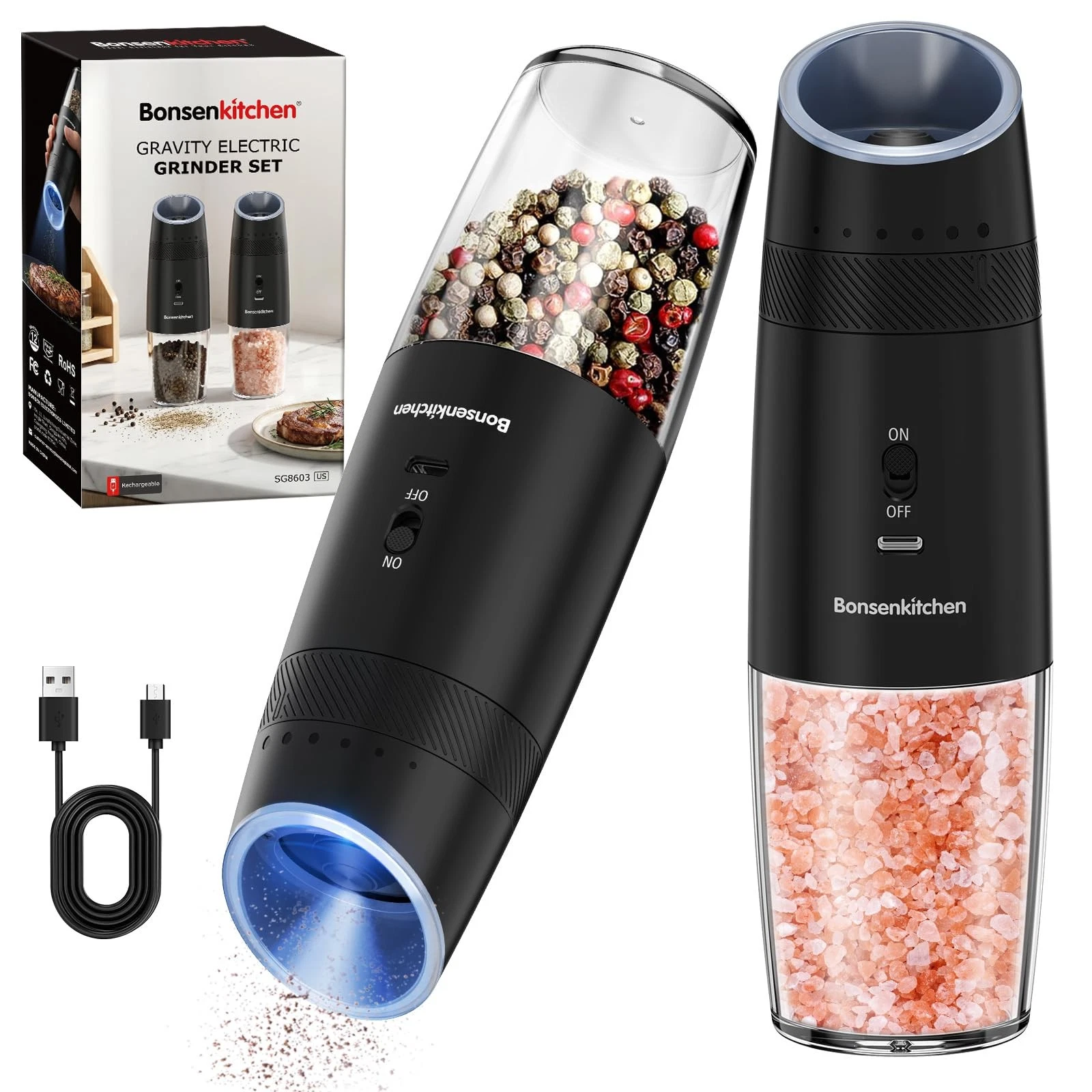 Salt and Pepper Grinder Set, Rechargeable Automatic Salt and Pepper Grinder w...
