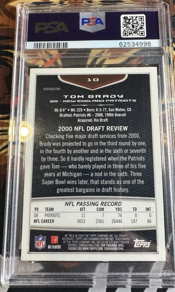 Bowman Chrome Tom Brady Refractor #10 2009 PSA 10 Foto 2 de 2