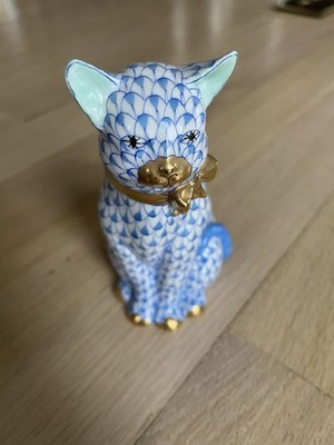 Herend Blue Fishnet Cat Figurine Gold Bow Hand Painted Hungary Porcelain Mint