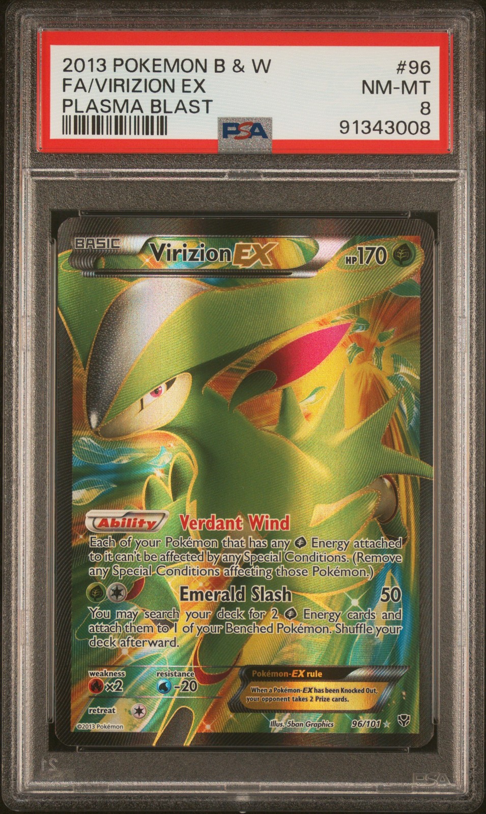 2013 POKEMON BLACK & WHITE PLASMA BLAST #96 FULL ART/VIRIZION EX PSA 8