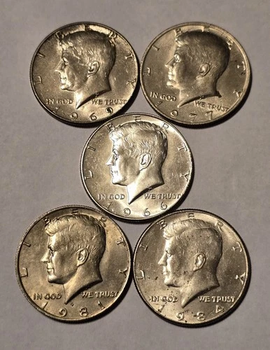 5 Coin Lot Kennedy Half Dollar Silver 1966 1969 1977 1981 1984 Us Coin Good Cond